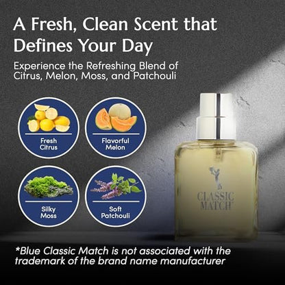 PB ParfumsBelcam Blue Classic Match Eau de Toilette Spray for Men – Modern Citrus Fougere Fragrance, 2.54 Fl Oz