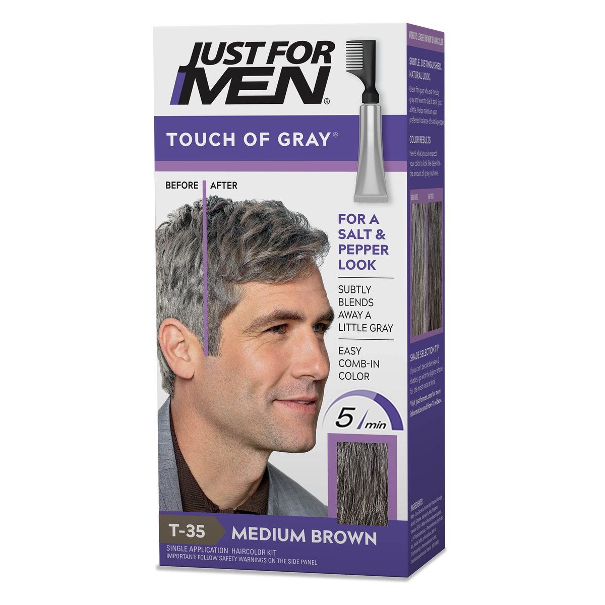 Just For Men Touch of Gray Medium Brown T-35 Permanent Hair Color Kit for Men - Salt and Pepper Look, 1 Count - görsel 1