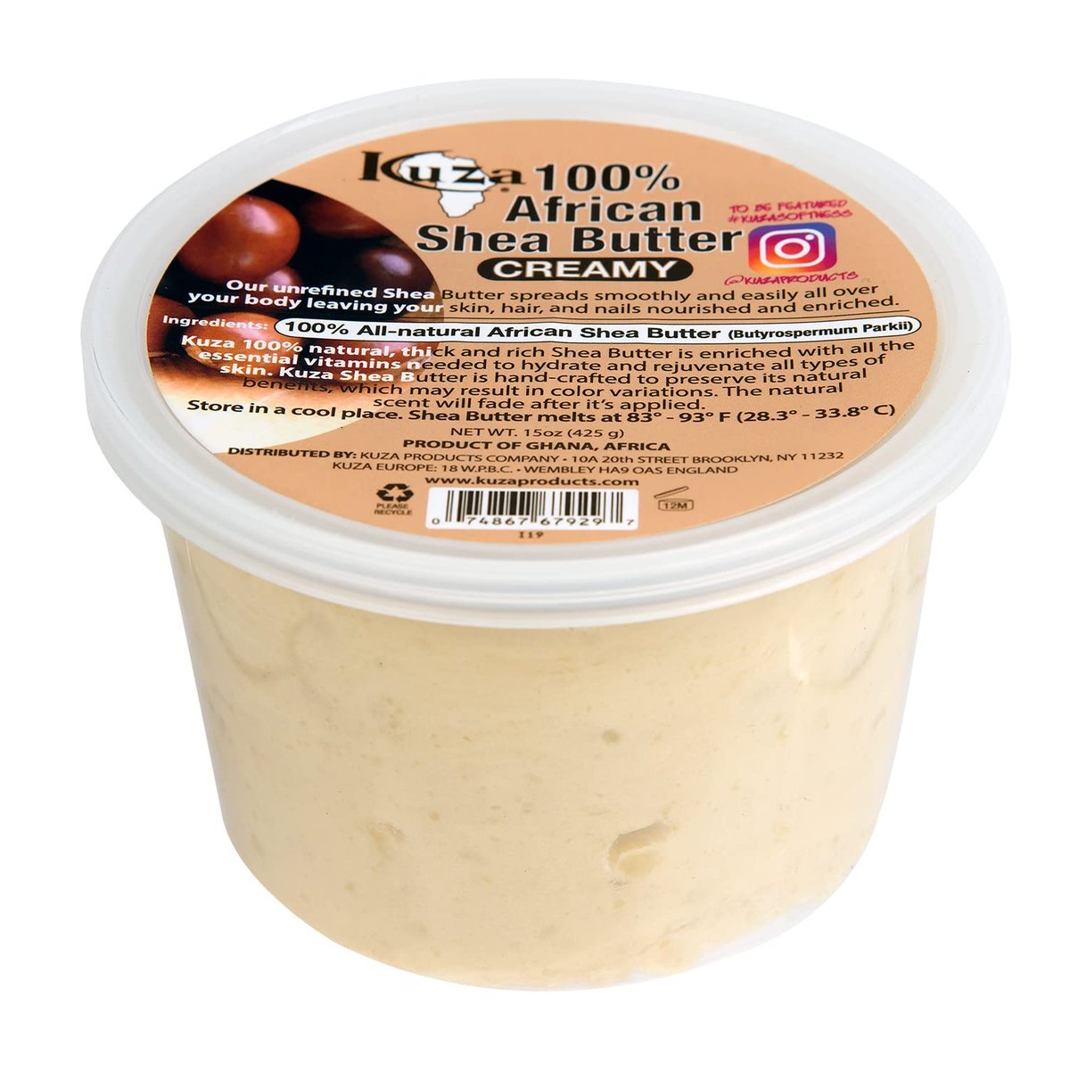 Kuza 100% Pure African Shea Butter with Borututu - White Creamy Moisturizer for Hair, Skin & Nails (15 oz) Avelisse