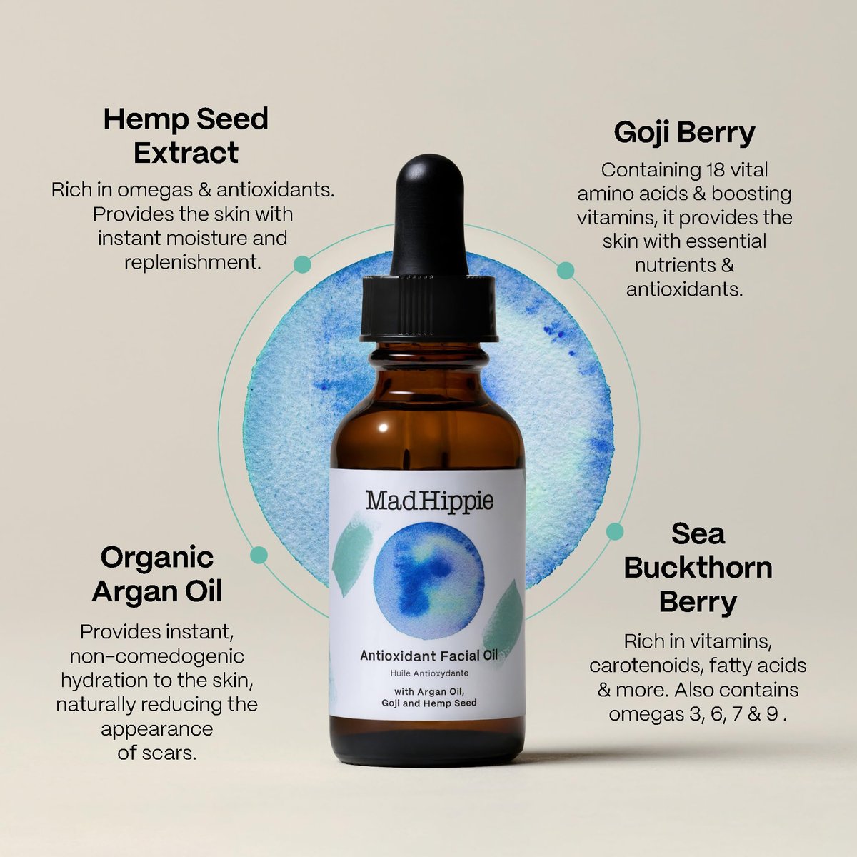 Mad Hippie Antioxidant Facial Oil 1.02 oz - Hydrating Face Oil with Organic Argan Oil & Vitamin C for Women & Men Avelisse