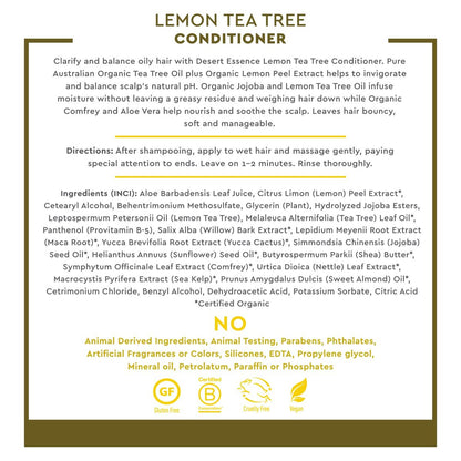 Desert Essence Lemon Tea Tree Clarifying Conditioner with Provitamin B5, Organic Lemon Peel Extract & Aloe - Sulfate-Free, Vegan, Cruelty-Free - 8 oz