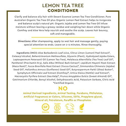 Desert Essence Lemon Tea Tree Clarifying Conditioner with Provitamin B5, Organic Lemon Peel Extract & Aloe - Sulfate-Free, Vegan, Cruelty-Free - 8 oz
