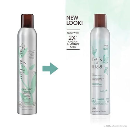 Bain de Terre Infinite Hold Firm Finishing Spray - Lasting Control & Shine, Heat & Humidity Protection, Argan & Monoi Oils, Paraben-Free, Color-Safe, Vegan, 9.1 Fl Oz Avelisse