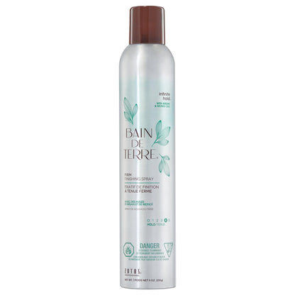 Bain de Terre Infinite Hold Firm Finishing Spray - Lasting Control & Shine, Heat & Humidity Protection, Argan & Monoi Oils, Paraben-Free, Color-Safe, Vegan, 9.1 Fl Oz Avelisse