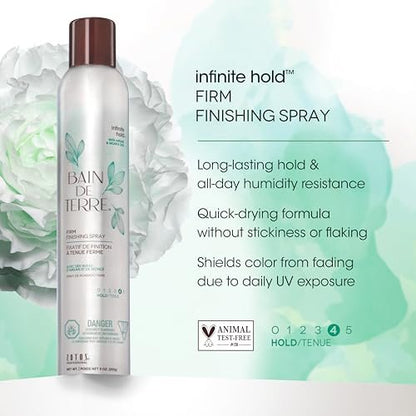 Bain de Terre Infinite Hold Firm Finishing Spray - Lasting Control & Shine, Heat & Humidity Protection, Argan & Monoi Oils, Paraben-Free, Color-Safe, Vegan, 9.1 Fl Oz Avelisse