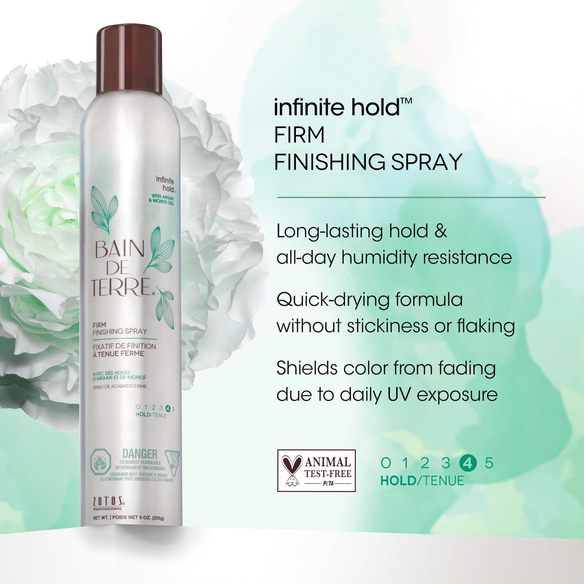Bain de Terre Infinite Hold Firm Finishing Spray - Lasting Control & Shine, Heat & Humidity Protection, Argan & Monoi Oils, Paraben-Free, Color-Safe, Vegan, 9.1 Fl Oz Avelisse