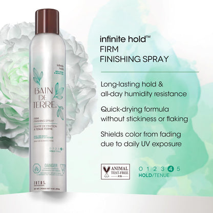 Bain de Terre Infinite Hold Firm Finishing Spray - Lasting Control & Shine, Heat & Humidity Protection, Argan & Monoi Oils, Paraben-Free, Color-Safe, Vegan, 9.1 Fl Oz Avelisse