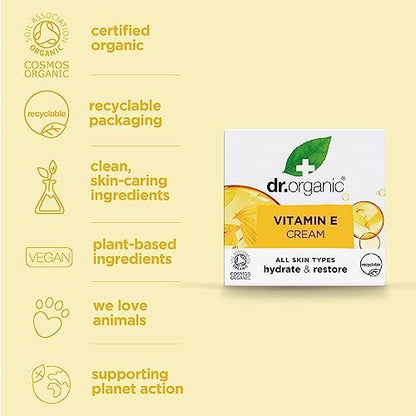 Dr. Organic Vitamin E Moisturising and Restoring Cream - Deeply Hydrates, Restores Natural Balance, Certified Organic, 50 mL Avelisse
