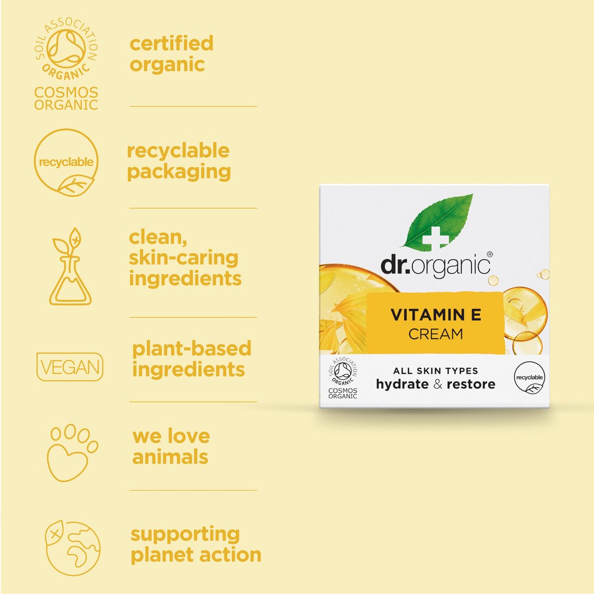 Dr. Organic Vitamin E Moisturising and Restoring Cream - Deeply Hydrates, Restores Natural Balance, Certified Organic, 50 mL Avelisse