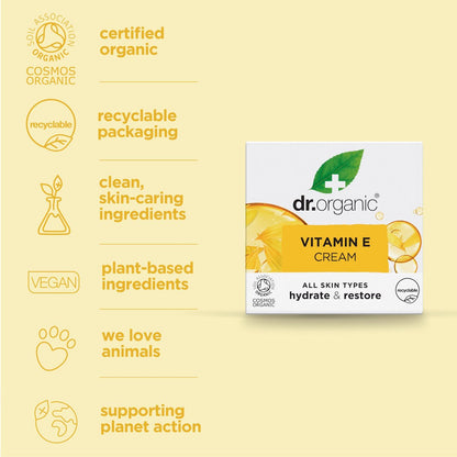 Dr. Organic Vitamin E Moisturising and Restoring Cream - Deeply Hydrates, Restores Natural Balance, Certified Organic, 50 mL Avelisse