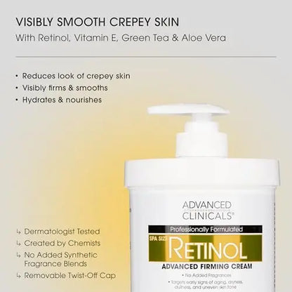 Advanced Clinicals Retinol Body Lotion & Face Moisturizer - Anti Aging Cream for Fine Lines, Wrinkles & Crepe Skin, 16 oz Avelisse