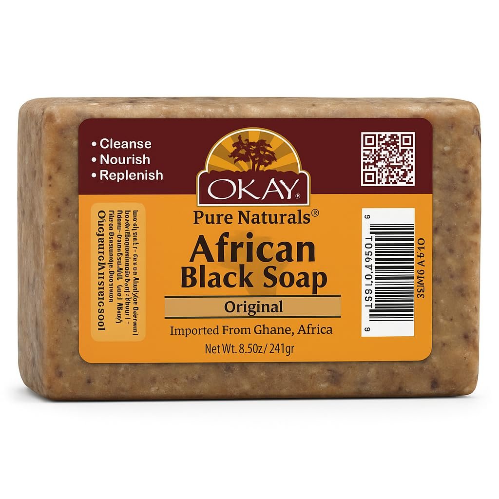 OKAY Pure Naturals African Black Soap - Natural Black Soap Bar with Raw Shea Butter and Cocoa, Cleansing for Hair, Face & Skin for Women & Men - 8.5 oz (Pack of 1) - görsel 1