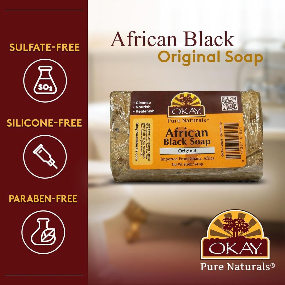 OKAY Pure Naturals African Black Soap - Natural Black Soap Bar with Raw Shea Butter and Cocoa, Cleansing for Hair, Face & Skin for Women & Men - 8.5 oz (Pack of 1) - görsel 7