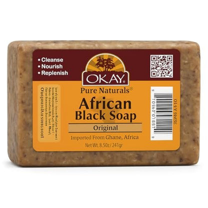 OKAY Pure Naturals African Black Soap - Natural Black Soap Bar with Raw Shea Butter and Cocoa, Cleansing for Hair, Face & Skin for Women & Men - 8.5 oz (Pack of 1)