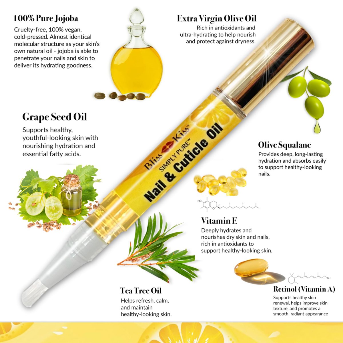 Bliss Kiss Crisp Fragrance Nail Oil Cuticle Pen - Vitamin E & Jojoba for Stronger Nails Avelisse
