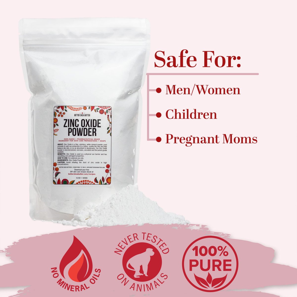 Zinc Oxide Powder - Uncoated, Non Nano, Pharmaceutical Grade - 1 LB - Better Shea Butter Avelisse
