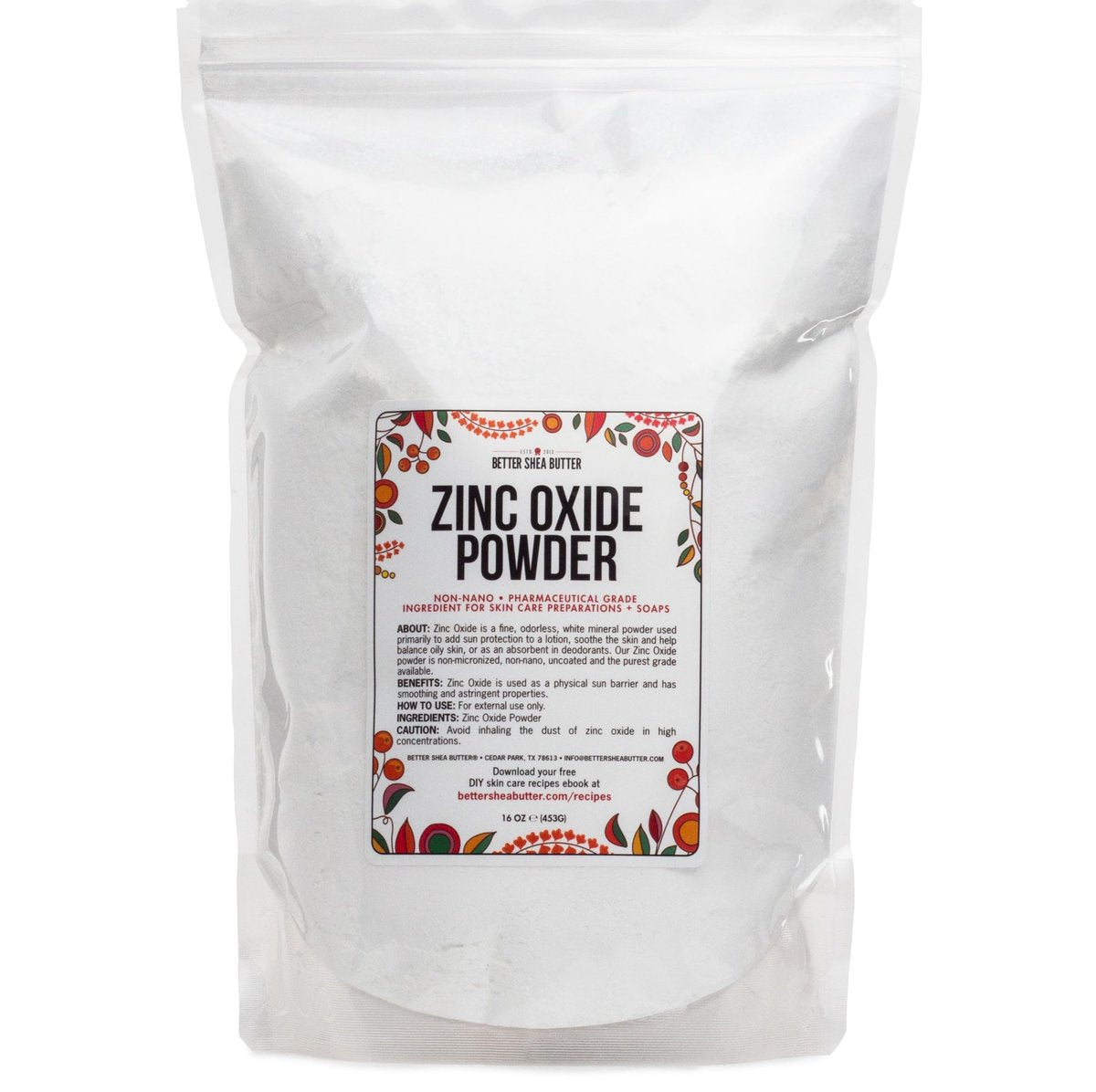 Zinc Oxide Powder - Uncoated, Non Nano, Pharmaceutical Grade - 1 LB - Better Shea Butter Avelisse