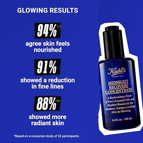 Kiehl's Midnight Recovery Concentrate Moisturizing Face Oil - Lightweight Facial Serum for Overnight Radiance, Reduces Fine Lines & Refines Texture, 99.4% Naturally Derived, 3.4 fl oz Avelisse