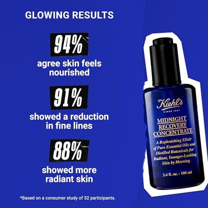 Kiehl's Midnight Recovery Concentrate Moisturizing Face Oil - Lightweight Facial Serum for Overnight Radiance, Reduces Fine Lines & Refines Texture, 99.4% Naturally Derived, 3.4 fl oz Avelisse