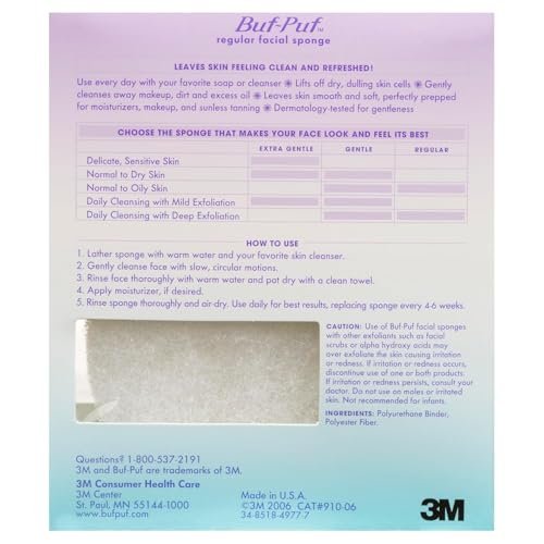 Buf-Puf Facial Sponge – Dermatologist Developed Exfoliating Sponge for Deep Cleansing, Removes Dirt & Makeup, Reusable, White, 3 Count Avelisse