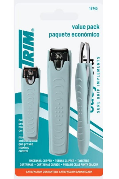 Trim Toenail Clipper + Fingernail Clipper + Slant Tip - 3-Pack, Blue, Metal Nail Clippers for Thick Nails, Seniors, and Pets