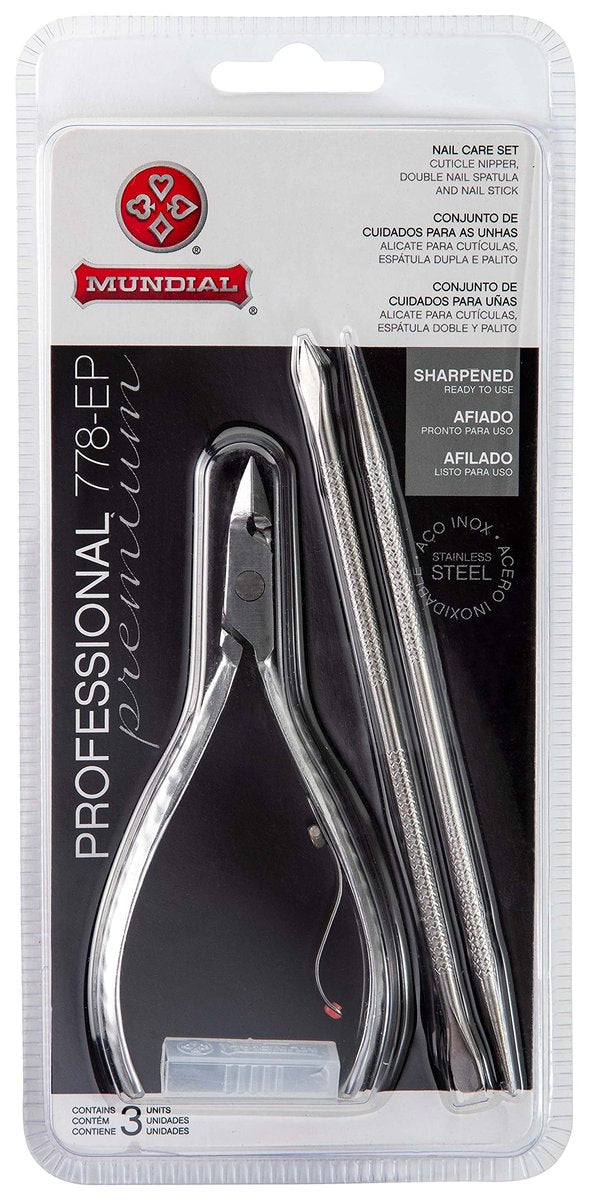 Mundial Professional Stainless Steel Cuticle Nippers & Pusher Set - 3 Piece Manicure & Pedicure Trimmer Kit Avelisse