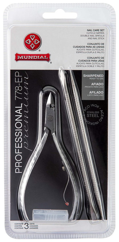 Mundial Professional Stainless Steel Cuticle Nippers & Pusher Set - 3 Piece Manicure & Pedicure Trimmer Kit Avelisse