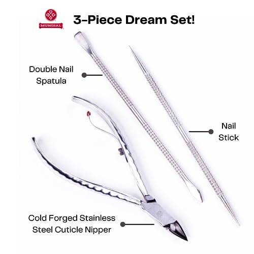 Mundial Professional Stainless Steel Cuticle Nippers & Pusher Set - 3 Piece Manicure & Pedicure Trimmer Kit Avelisse