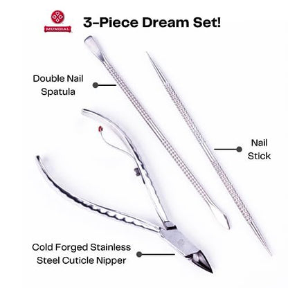 Mundial Professional Stainless Steel Cuticle Nippers & Pusher Set - 3 Piece Manicure & Pedicure Trimmer Kit Avelisse