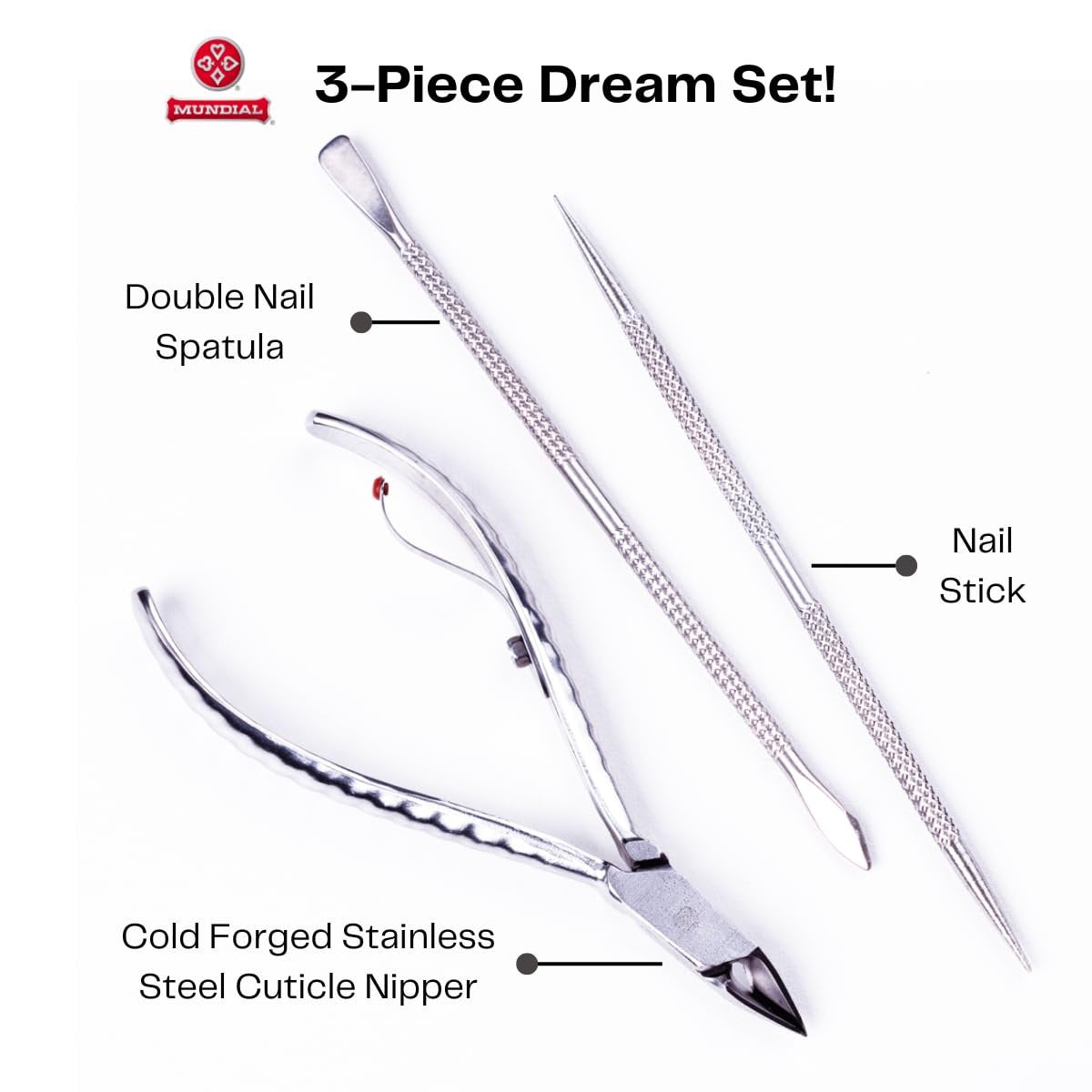 Mundial Professional Stainless Steel Cuticle Nippers & Pusher Set - 3 Piece Manicure & Pedicure Trimmer Kit Avelisse