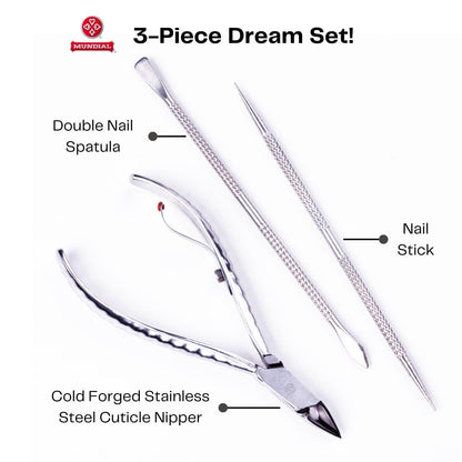 Mundial Professional Stainless Steel Cuticle Nippers & Pusher Set - 3 Piece Manicure & Pedicure Trimmer Kit Avelisse