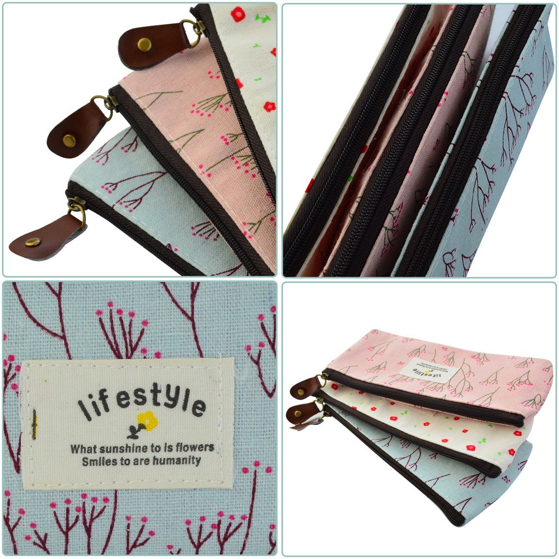Miayon Countryside Flower Floral Pencil Pen Case Cosmetic Makeup Bag Set of 3 - Canvas Organizer Avelisse