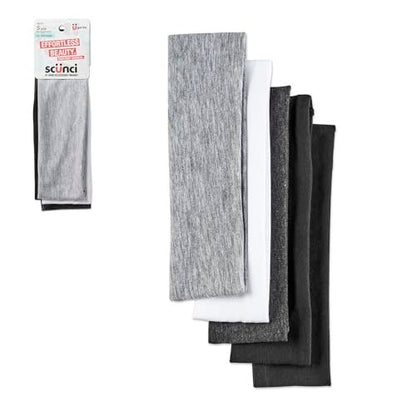 Scunci by Conair Soft Stretchable Headbands - 5-Pack in Assorted Colors (Black, White, Grey) - Women's & Men's Headbands for Running & Everyday Use