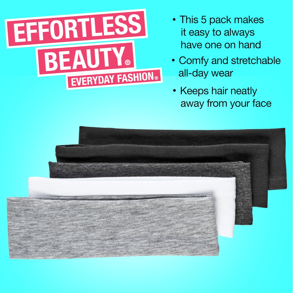 Scunci by Conair Soft Stretchable Headbands - 5-Pack in Assorted Colors (Black, White, Grey) - Women's & Men's Headbands for Running & Everyday Use - görsel 5