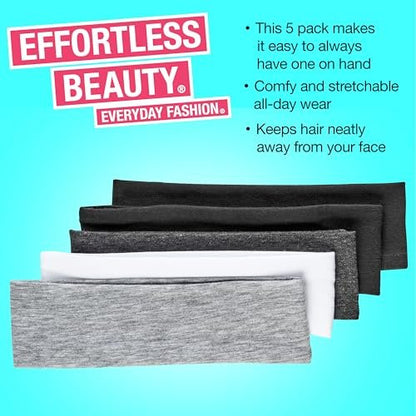 Scunci by Conair Soft Stretchable Headbands - 5-Pack in Assorted Colors (Black, White, Grey) - Women's & Men's Headbands for Running & Everyday Use