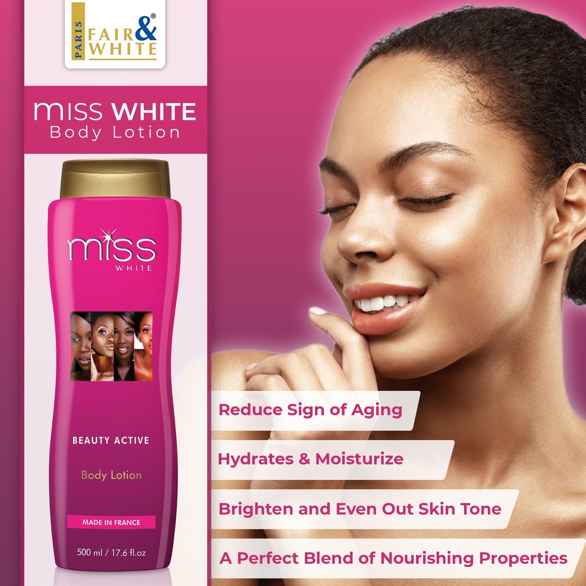 FAIR & WHITE Miss White Skin Brightening Body Lotion - 13.5 Fl oz / 500 ml - Moisturizing & Hydrating Lotion to Reduce Pigmentation on Body, Elbows, Knees and Armpits Avelisse