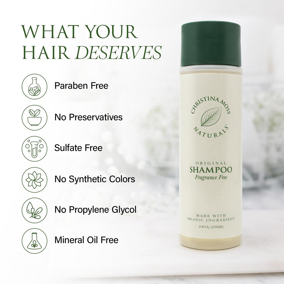 Christina Moss Naturals Unscented Shampoo - Natural & Organic, Sulfate-Free, Paraben-Free, Cruelty-Free, Vegan, 8 oz Avelisse