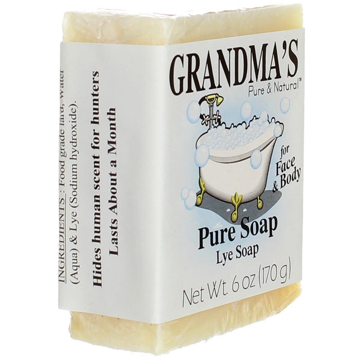 Grandma's Pure Lye Soap Bar - 6.0 oz Unscented Face & Body Wash, No Detergents, Dyes or Fragrances - 60018 (4 Pack) Avelisse