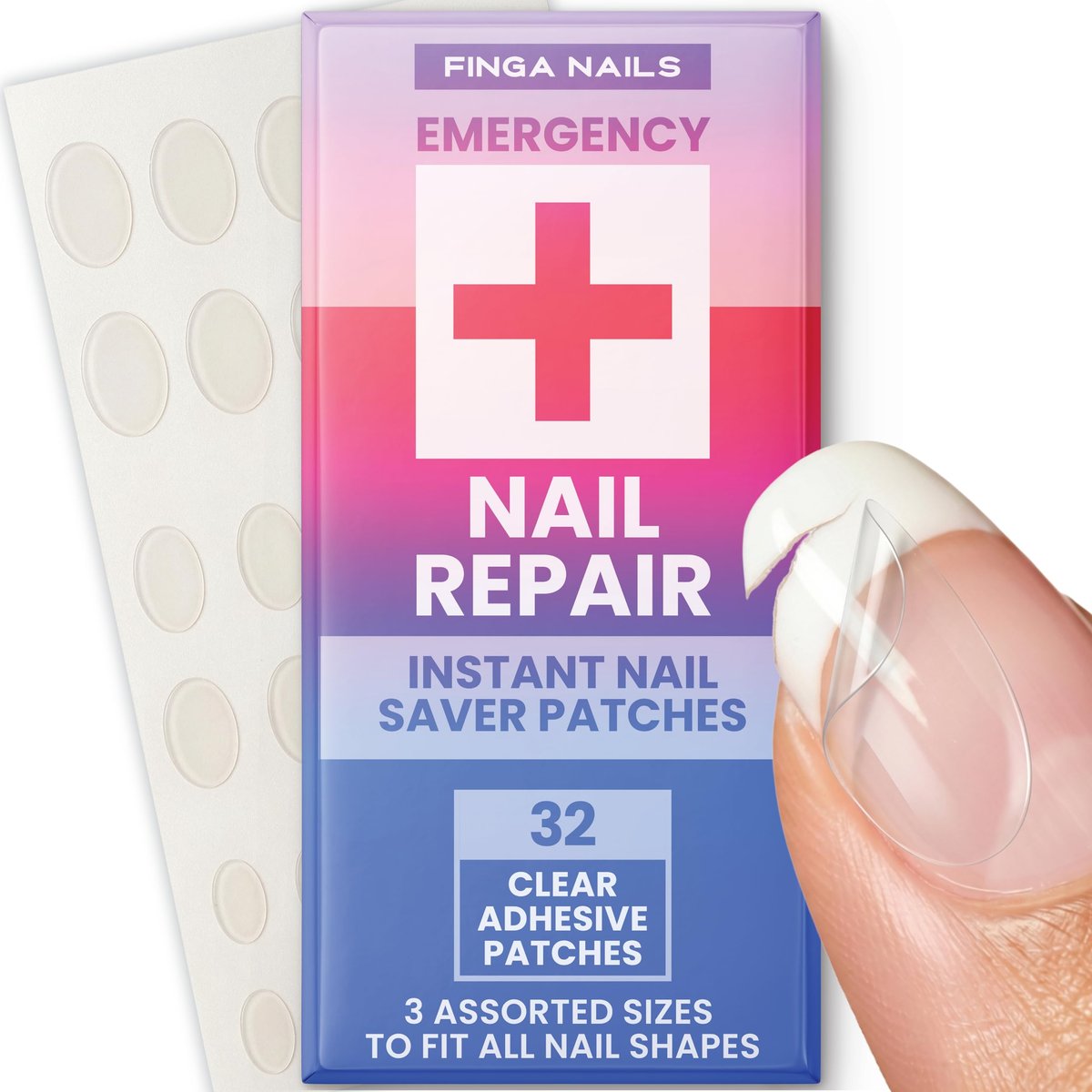 Finga-Nails Nail Repair Patches – Clear Self-Adhesive Broken Nail Patches for Chips, Splits & Split Fingernails – 32 Pre-Shaped Tabs Manicure Saver Kit - görsel 1