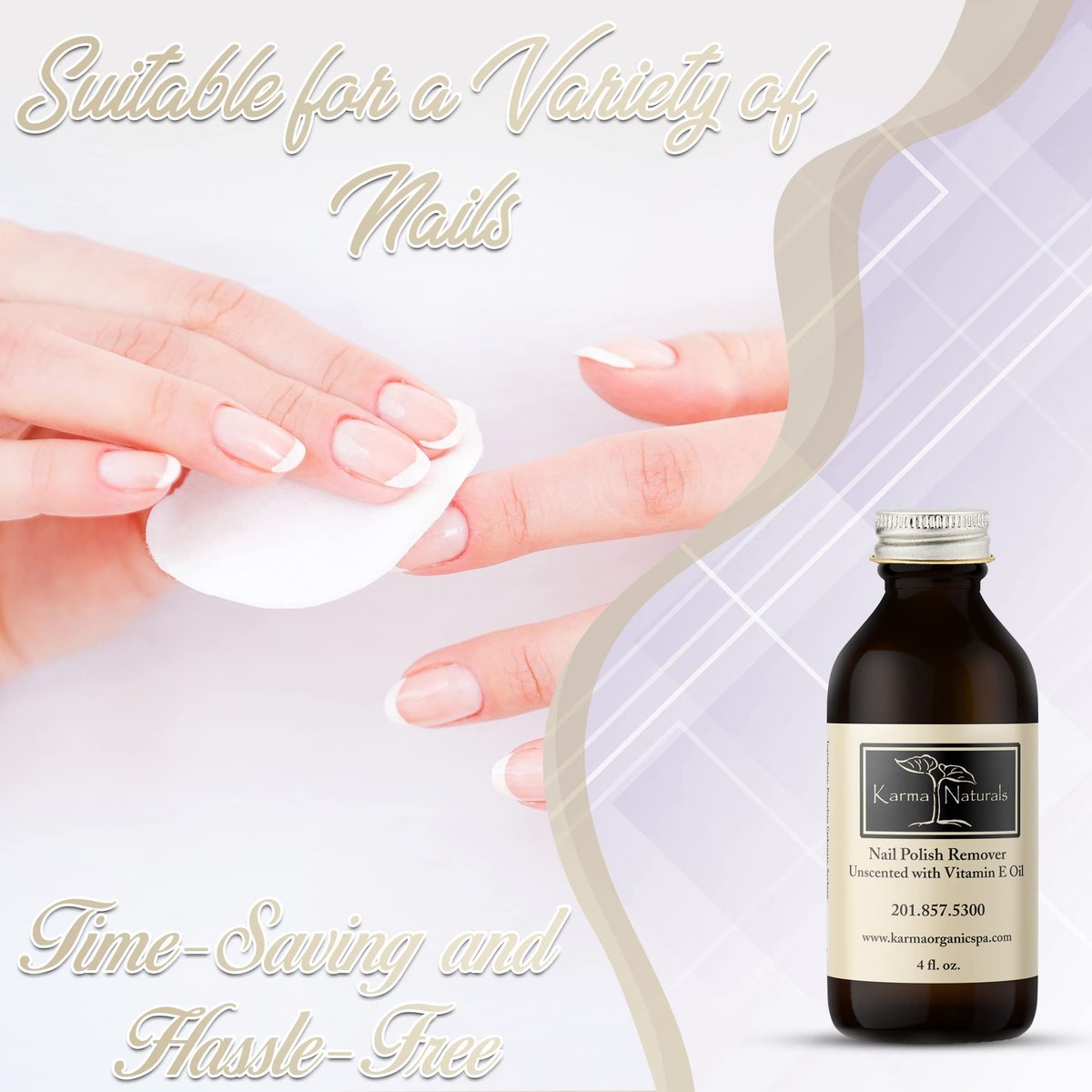 Karma Organic Natural Nail Polish Remover Unscented with Vitamin E Oil - Non Toxic, Vegan, Cruelty Free, Acetone Free – Nails Strengthener for Fingernails – 4 fl. Oz. Avelisse