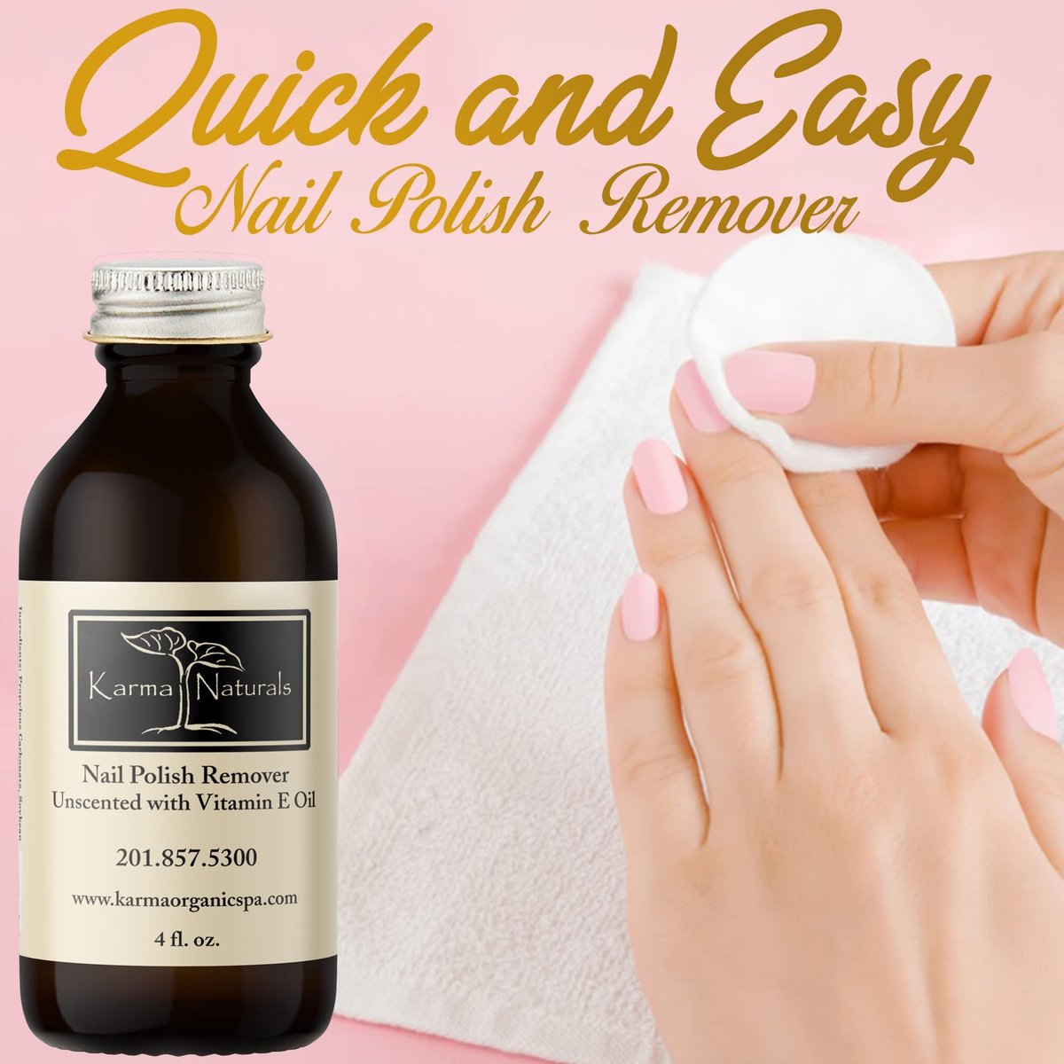 Karma Organic Natural Nail Polish Remover Unscented with Vitamin E Oil - Non Toxic, Vegan, Cruelty Free, Acetone Free – Nails Strengthener for Fingernails – 4 fl. Oz. Avelisse