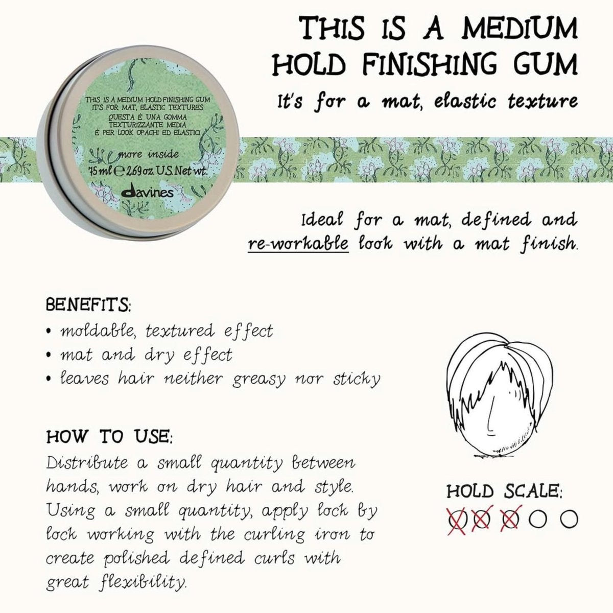 Davines This Is A Medium Hold Finishing Gum - Dry Paste for Defined Styles, Matte Finish, Workable & Remoldable, 2.54 Fl Oz Avelisse