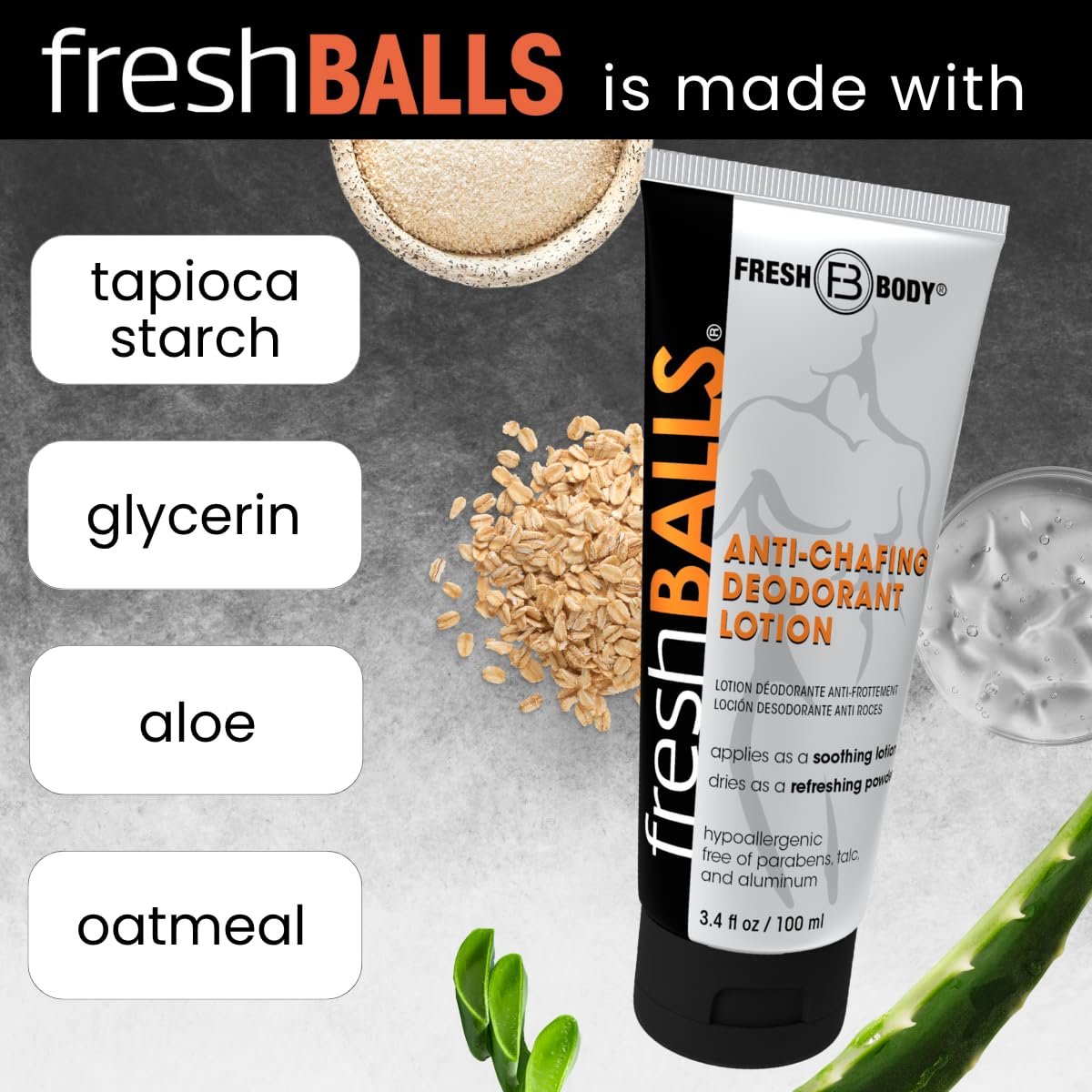 Fresh BALLS Lotion – Anti-Chafing Men's Soothing Cream to Powder Deodorant & Hygiene for Groin Area, 3.4 fl oz (Pack of 3) Avelisse
