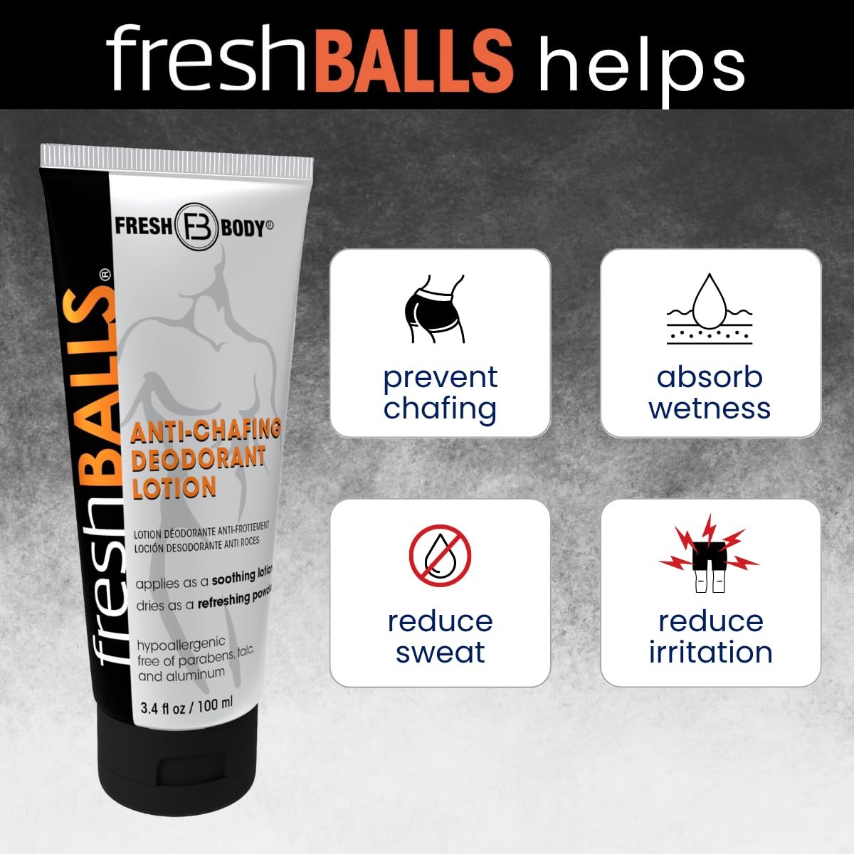 Fresh BALLS Lotion – Anti-Chafing Men's Soothing Cream to Powder Deodorant & Hygiene for Groin Area, 3.4 fl oz (Pack of 3) Avelisse