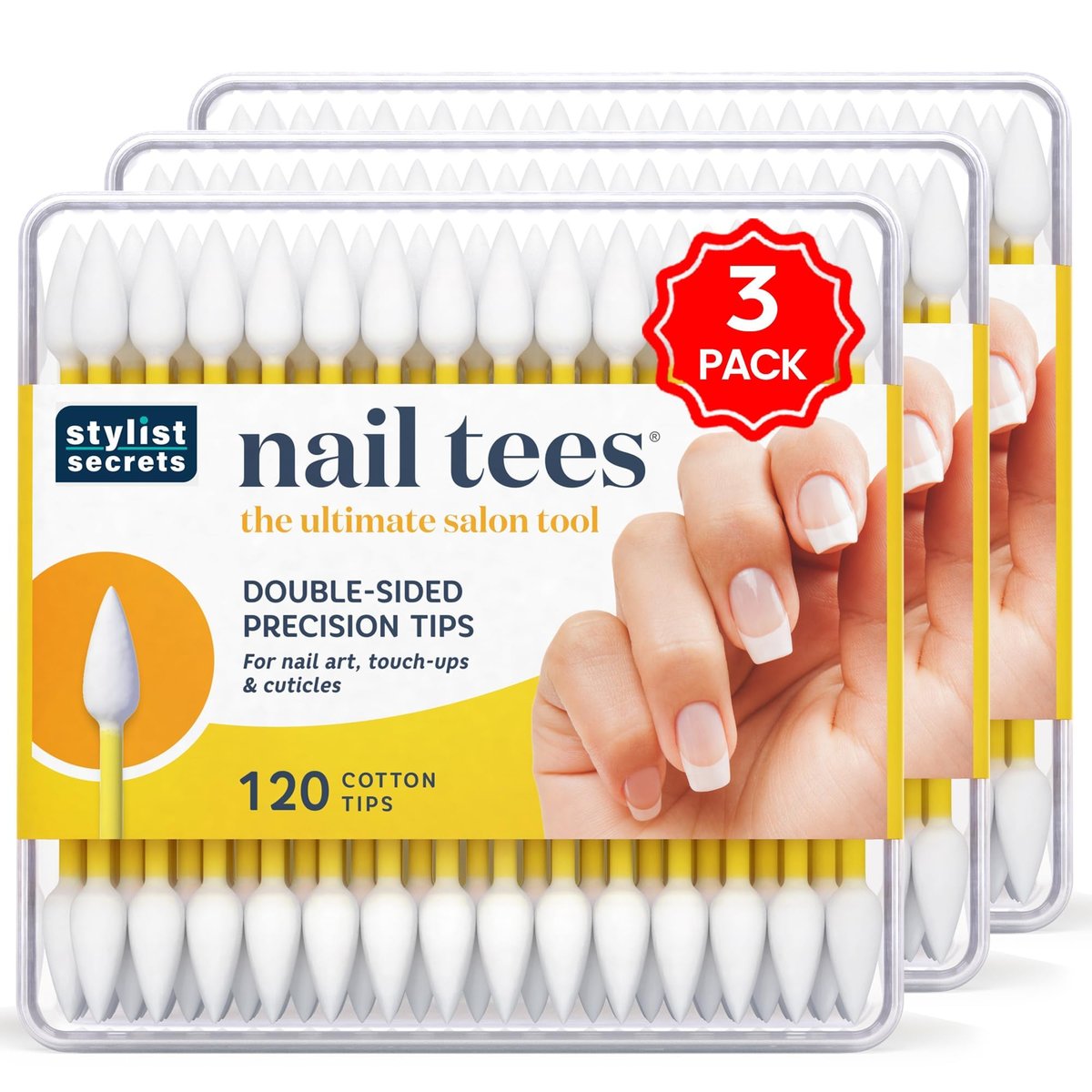 Fran Wilson Nail Tees Cotton Tips 120 Count (3 Pack) – Multi-Purpose Double-Sided Swabs with Pointed Ends for Precise At-Home Manicure & Pedicure Avelisse
