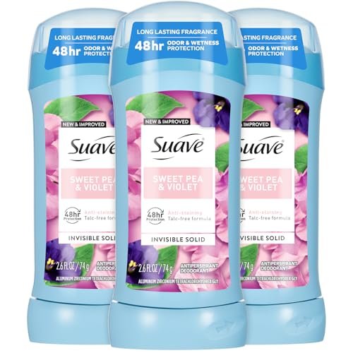 Suave Antiperspirant Deodorant for Women, Sweet Pea & Violet Invisible Solid, 3-Pack (2.6 oz each), Talc-Free Avelisse