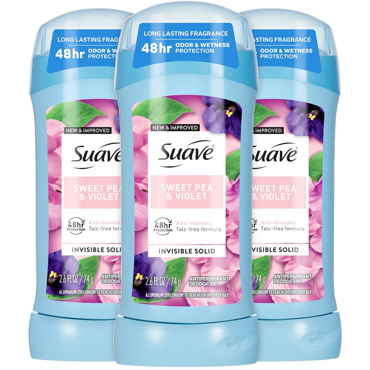 Suave Antiperspirant Deodorant for Women, Sweet Pea & Violet Invisible Solid, 3-Pack (2.6 oz each), Talc-Free Avelisse