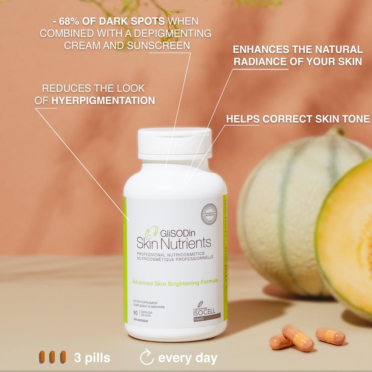 Glisodin Skin Nutrients Advanced Skin Brightening Formula – Brighter, Clearer, Firmer Complexion – Reduces Blemishes – 90 Capsules Avelisse