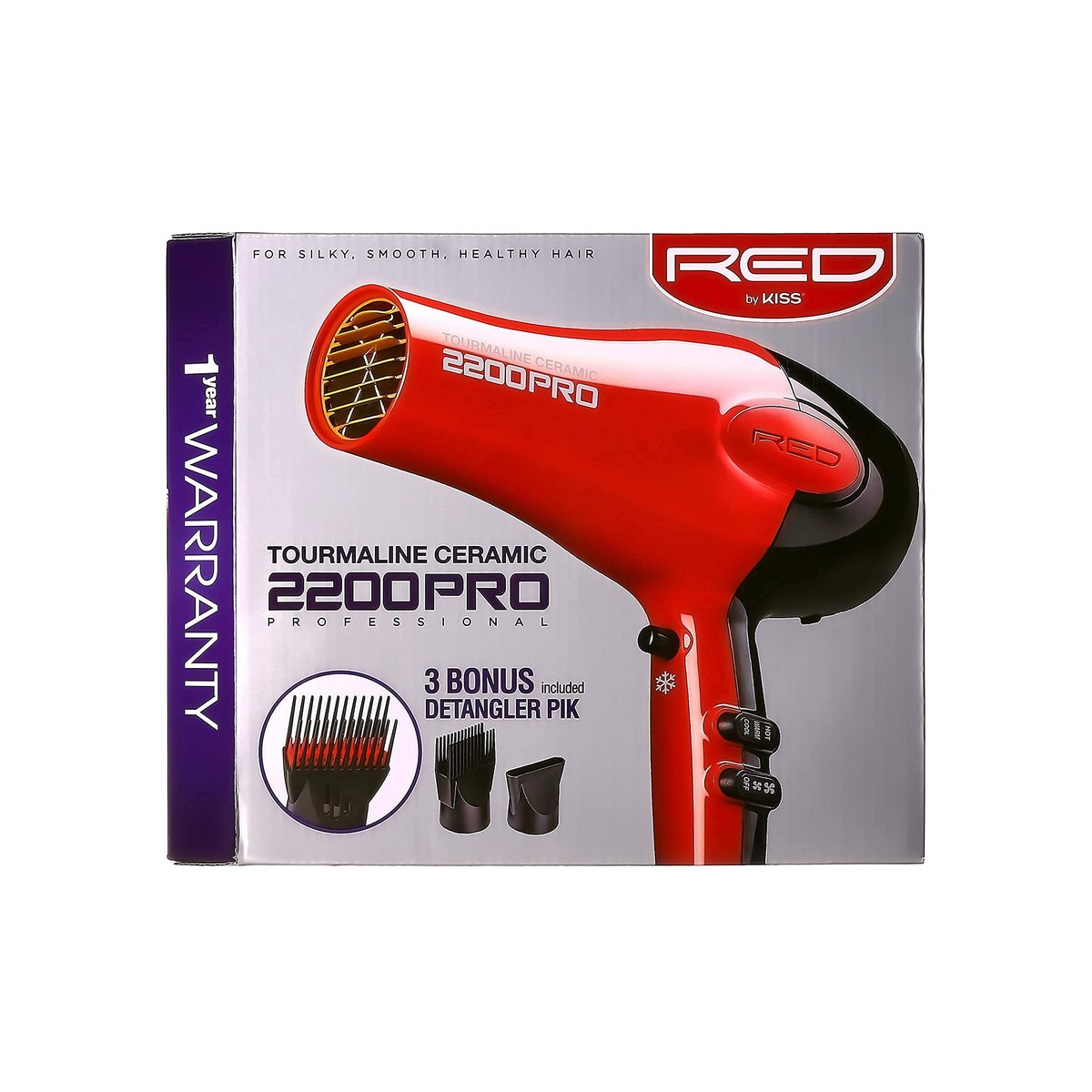 RED by Kiss Tourmaline Ceramic 2200W Professional Hair Dryer - Frizz-Free, 6 Heat Settings, Includes Extra Combs Avelisse