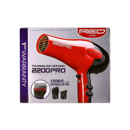 RED by Kiss Tourmaline Ceramic 2200W Professional Hair Dryer - Frizz-Free, 6 Heat Settings, Includes Extra Combs Avelisse